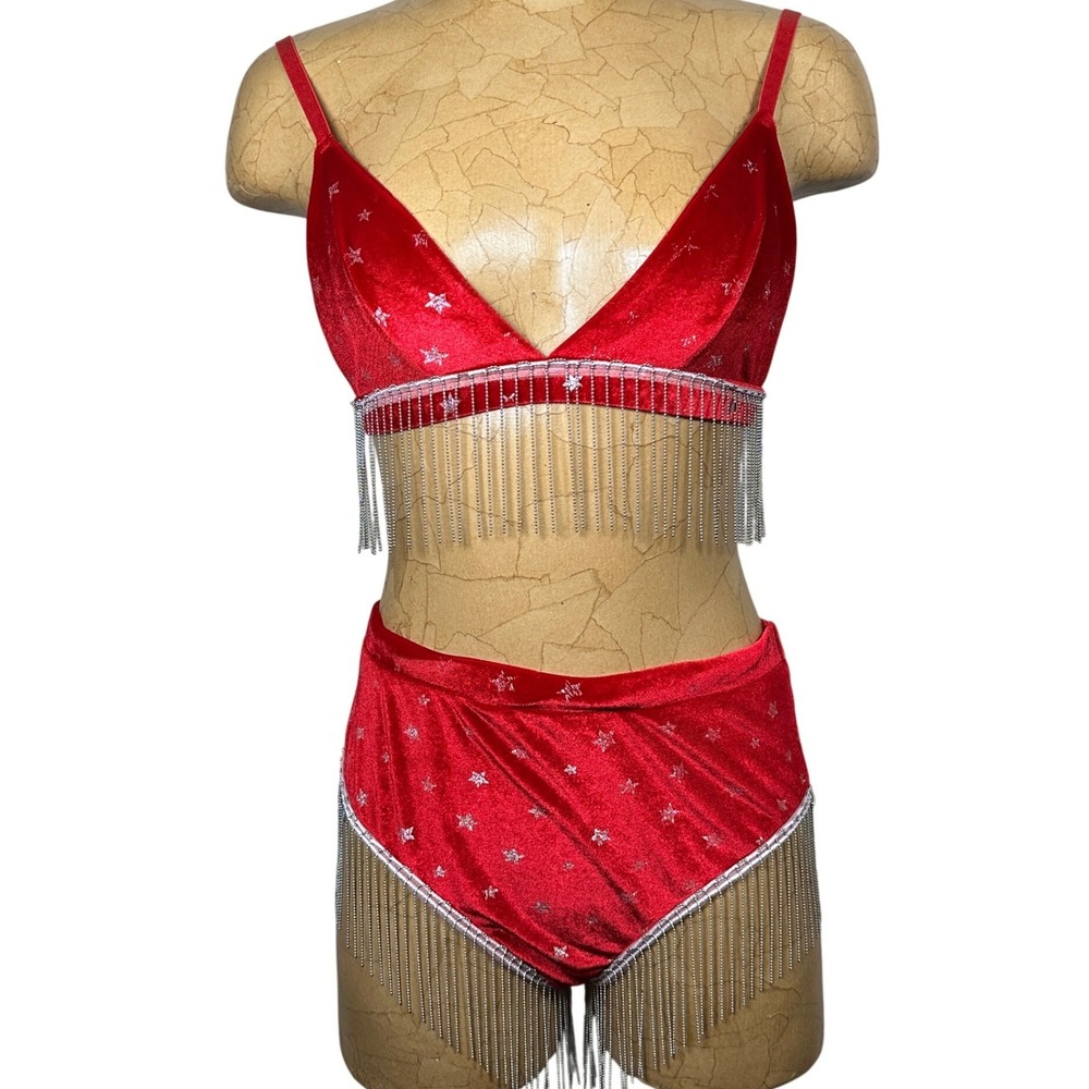 Red‎ Velvet Star Print Fringe Bra Bottoms Bikini Set Rave Festival July 4th